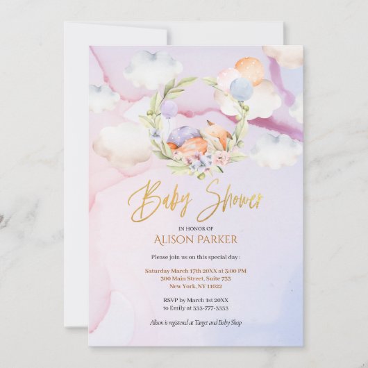 Invitation Joli Baby shower du ciel rose fleuri Fox Woodland (Devant)