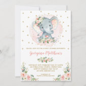 Invitation Joli Baby shower Eléphant Blush or Floral Rose (Devant)