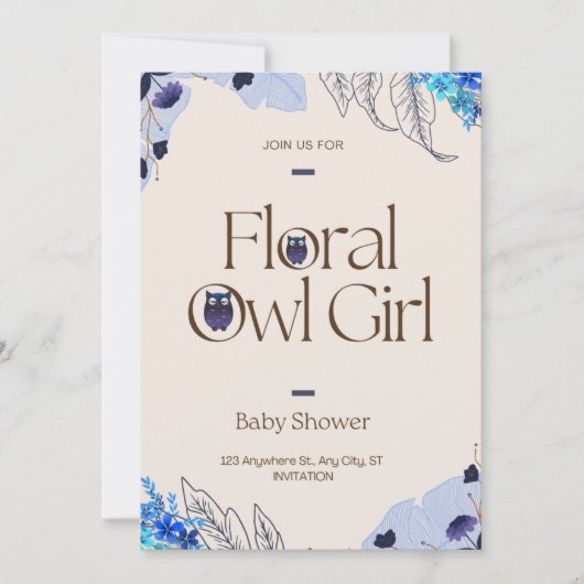 Invitation Joli Baby shower Fille Chouette Florale Rose (Devant)