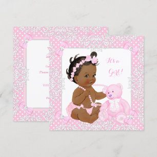 Invitation Joli Baby shower fille dentelle rose ours ethnique