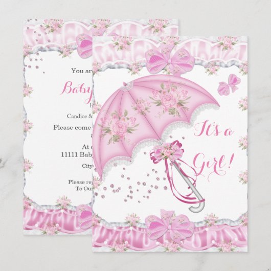 Invitation Joli Baby shower Fille Floral Parapluie rose (Devant / Derrière)
