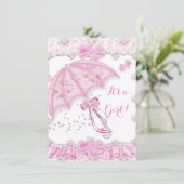 Invitation Joli Baby shower Fille Floral Parapluie rose (Debout devant)