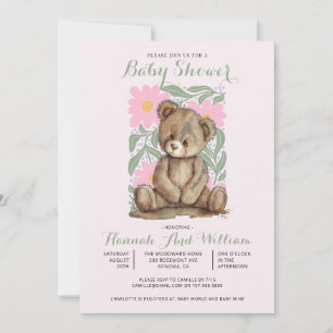 Invitation Joli Baby shower Fille Rose Ours Teddy