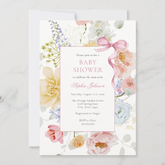 Invitation Joli Baby shower Fleur sauvage de Bow rose (Devant)