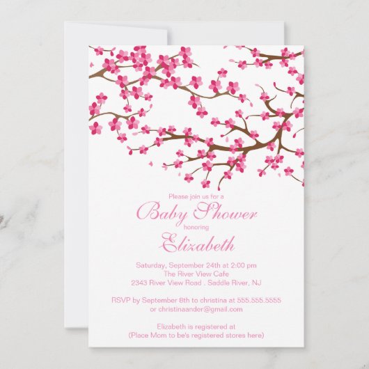 Invitation Joli Baby shower fleuri de fleurs de cerisiers ros (Devant)