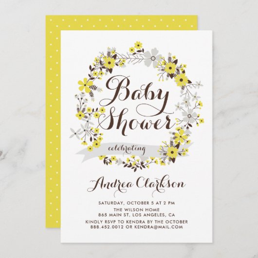 Invitation Joli Baby shower fleuri jaune et gris (Devant / Derrière)