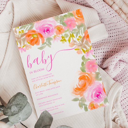 Invitation Joli baby shower fleuri rose oranger pastel