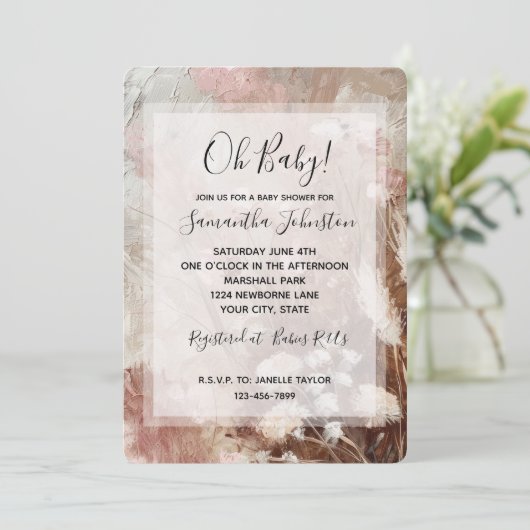 Invitation Joli Baby shower Floral Boho Rose Blanc Beige (Debout devant)