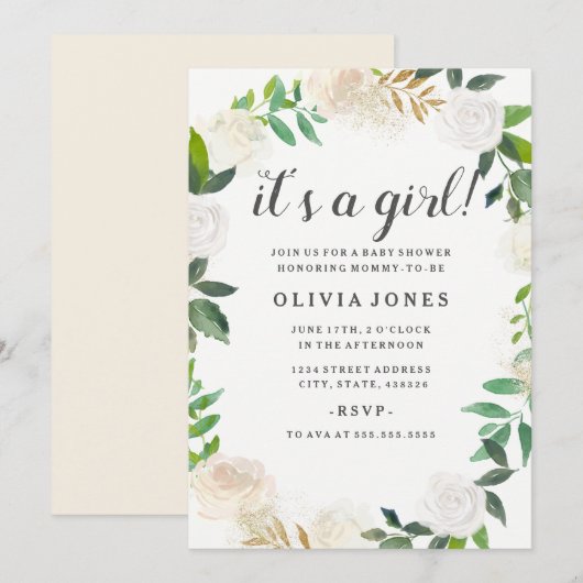 Invitation Joli Baby shower Floral de couronne d'or Invitatio (Devant / Derrière)
