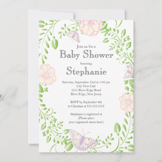 Invitation Joli Baby shower floral de papillon moderne (Devant)