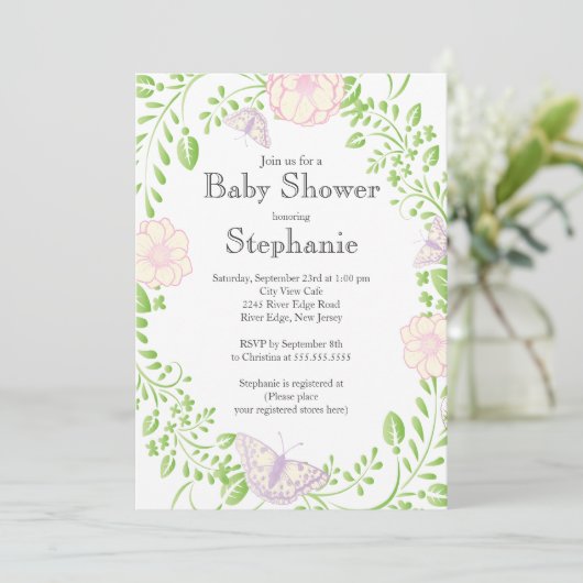 Invitation Joli Baby shower floral de papillon moderne (Debout devant)