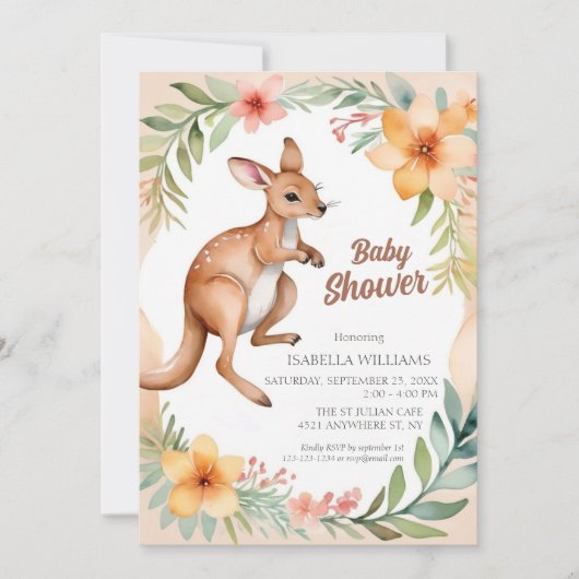Invitation Joli Baby shower floral Kangaroo (Devant)