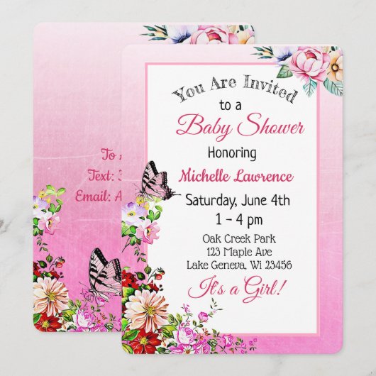 Invitation Joli Baby shower floral papillon fille (Devant / Derrière)