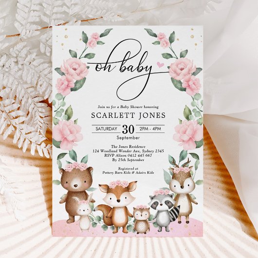 Invitation Joli Baby shower Floral rose boisé