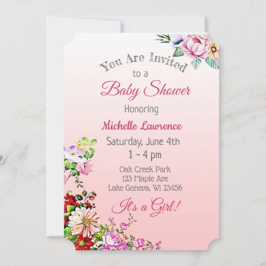 Invitation Joli Baby shower floral rose fille (Devant)