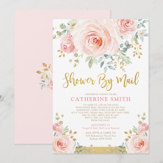 Invitation Joli Baby shower Floral Rose Rose Fille Par Courri (Devant / Derrière)