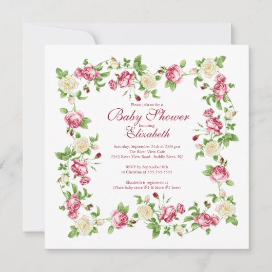 Invitation Joli Baby shower Floral Rose Rouge & Blanc (Devant)