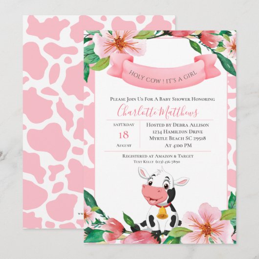 Invitation Joli Baby shower Floral Rose Vache (Devant / Derrière)