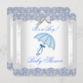 Invitation Joli Baby shower Garçon Blanc Silver Lace Bleu (Devant / Derrière)