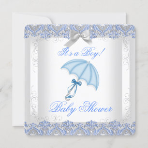 Invitation Joli Baby shower Garçon Blanc Silver Lace Bleu