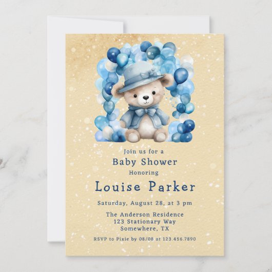 Invitation Joli Baby shower Garçon En Ours En Teddy (Devant)