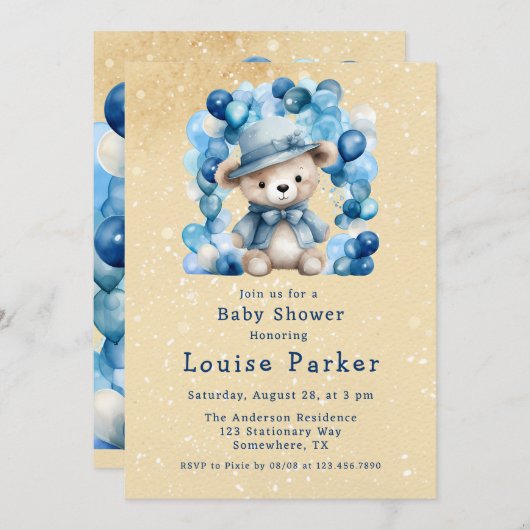 Invitation Joli Baby shower Garçon En Ours En Teddy (Devant / Derrière)