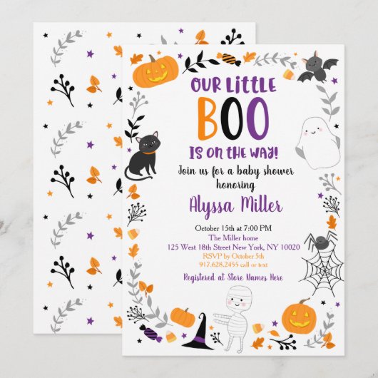Invitation Joli Baby shower Halloween Little Boo (Devant / Derrière)