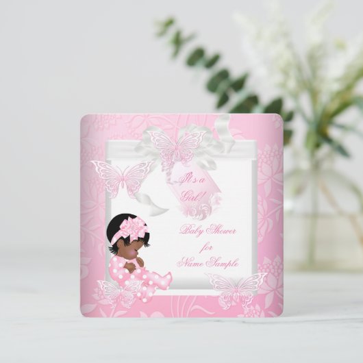 Invitation Joli Baby shower mignon fille papillon rose AA (Debout devant)