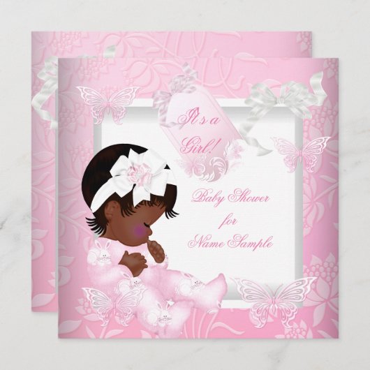 Invitation Joli Baby shower mignon fille papillon rose ethniq (Devant / Derrière)