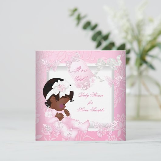 Invitation Joli Baby shower mignon fille papillon rose ethniq (Debout devant)