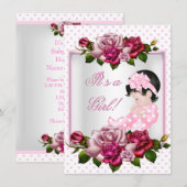 Invitation Joli Baby shower mignonne fille rose Roses Pois (Devant / Derrière)