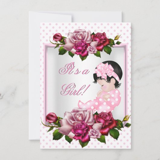 Invitation Joli Baby shower mignonne fille rose Roses Pois (Devant)