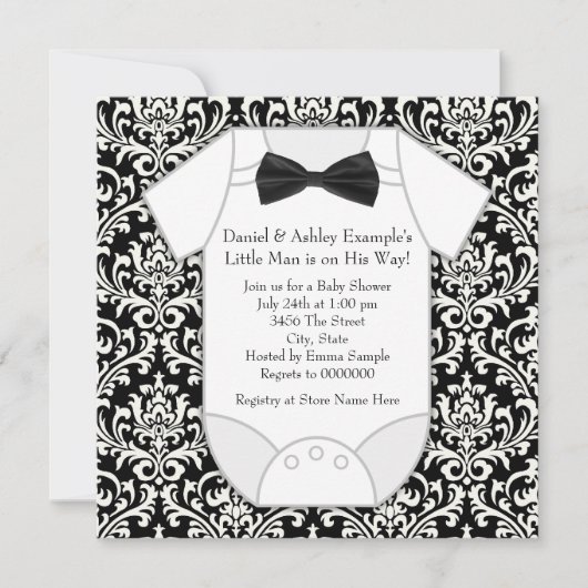 Invitation Joli Baby shower noir et blanc Damas (Devant)