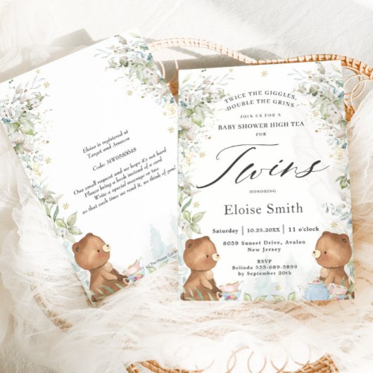 Invitation Joli Baby shower Nounours Twins High Tea Party