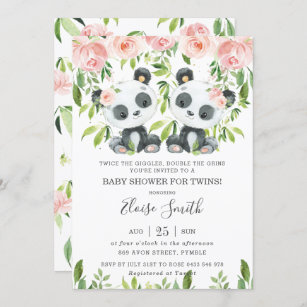 Invitation Joli Baby shower Panda Rose Floral Twin Girls