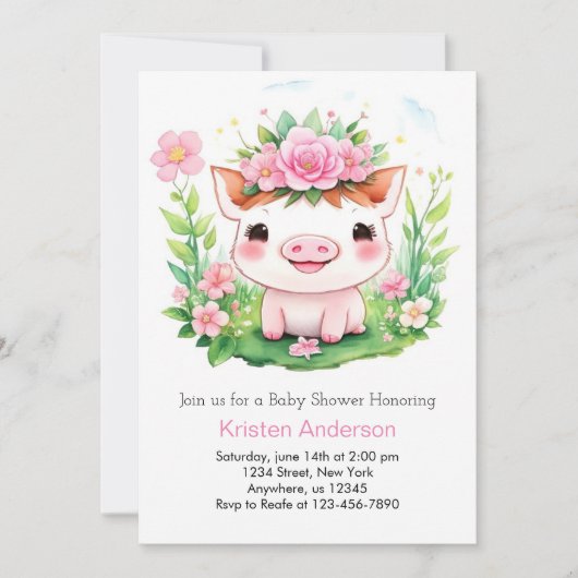 Invitation Joli Baby shower Piglet Aventure fille rose (Devant)