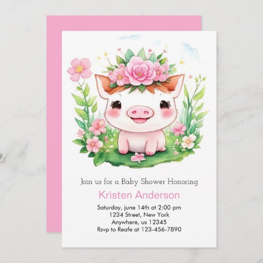 Invitation Joli Baby shower Piglet Aventure fille rose (Devant / Derrière)