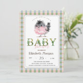 Invitation Joli Baby shower Poulet Vert rose Plaid (Debout devant)