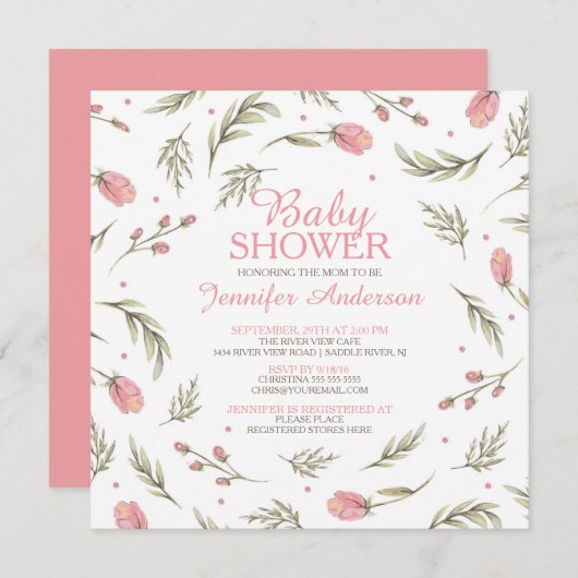 Invitation Joli Baby shower rose (Devant / Derrière)