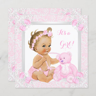 Invitation Joli Baby shower rose fille dentelle ours Blonde b