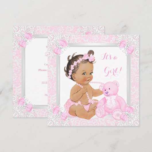 Invitation Joli Baby shower rose fille dentelle ours Brunette (Devant / Derrière)