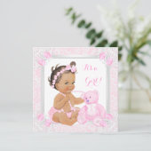 Invitation Joli Baby shower rose fille dentelle ours Brunette (Debout devant)