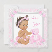 Invitation Joli Baby shower rose fille dentelle ours Brunette (Devant)