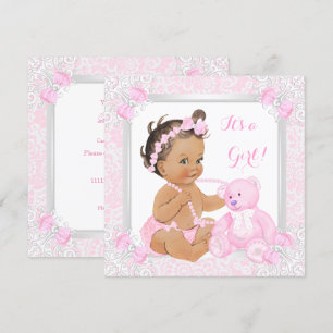 Invitation Joli Baby shower rose fille dentelle ours Brunette