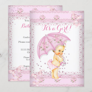 Invitation Joli Baby shower rose Fille Parapluie Floral Blond