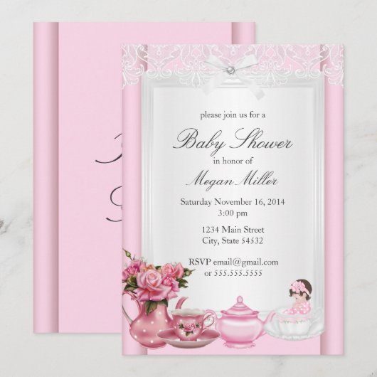 Invitation Joli Baby shower Rose High Tea Girl (Devant / Derrière)