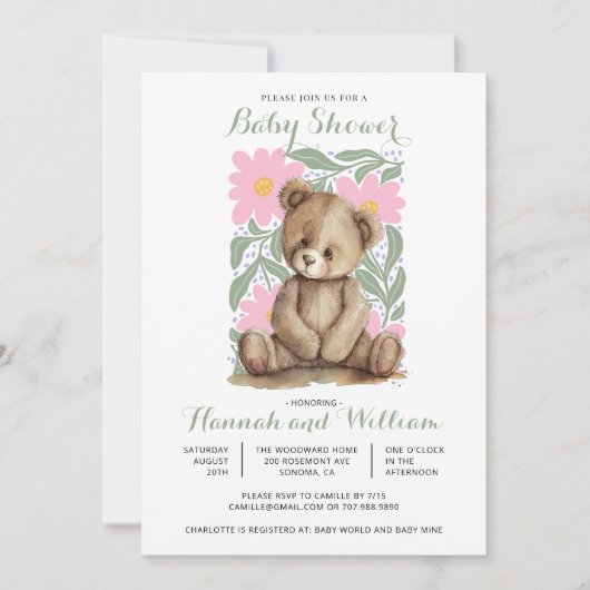 Invitation Joli Baby shower rose Ours Teddy (Devant)