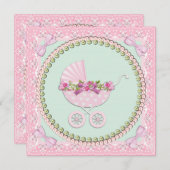 Invitation Joli Baby shower rose perle et vert (Devant / Derrière)