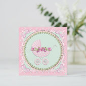 Invitation Joli Baby shower rose perle et vert (Debout devant)