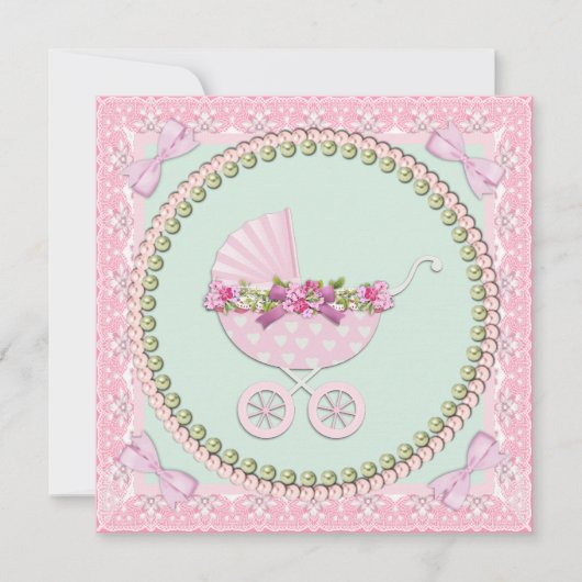 Invitation Joli Baby shower rose perle et vert (Devant)